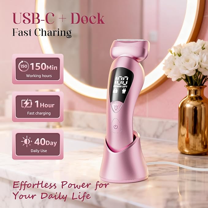 rategist Cordless Electric Razors for Women: Rechargeable Painless Bikini Trimmer for Body Hair - IPX7 Waterproof Shaver with LED Display for Face/Underarm/Leg Light Pink