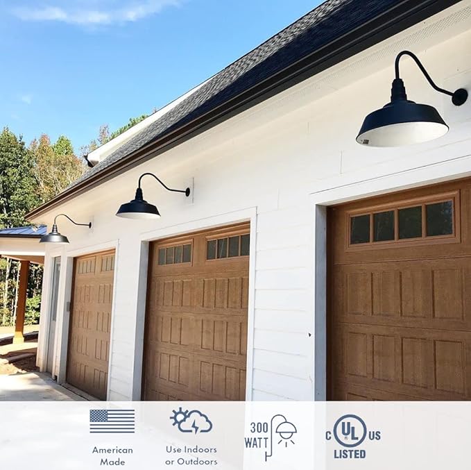 Steel Lighting Co. Large Outdoor Barn Light | Gooseneck Light Fixture | Made in America from 18-Gauge Steel | 20" Dome | Upward Sloping Gooseneck Navy Blue Exterior/Brass Interior