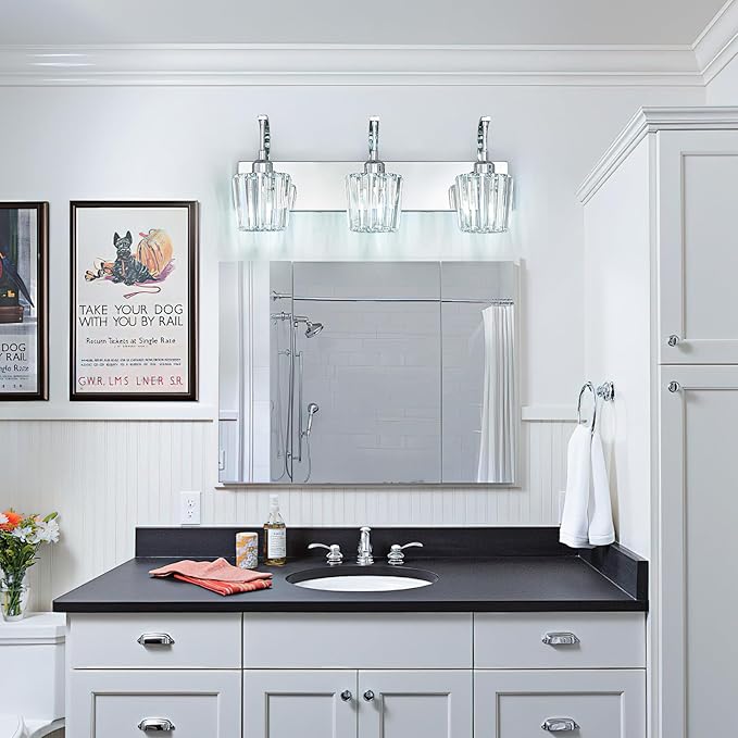 FDPBY Modern Bathroom Vanity Light, 3-Light Chrome Wall Sconce with Crystal Accents, Over Mirror Bathroom Lighting Fixture, 23.62" Long Dimmable Vanity Lamp for Makeup, Easy Installation