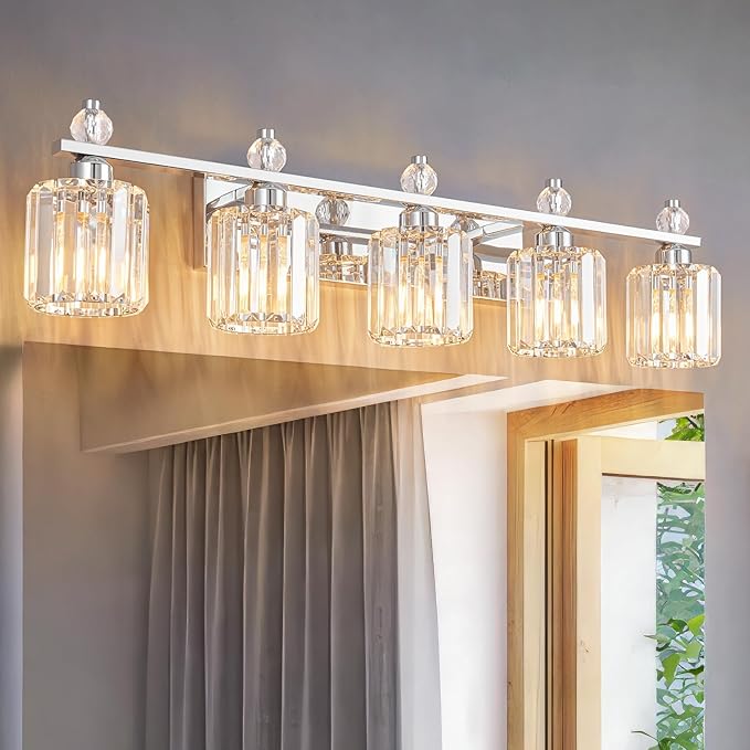 FDPBY Bathroom Vanity Lights 5-Light Chrome Modern Crystal Vanity Light Fixtures Over Mirror Crystal Bathroom Vanity Lighting Fixtures