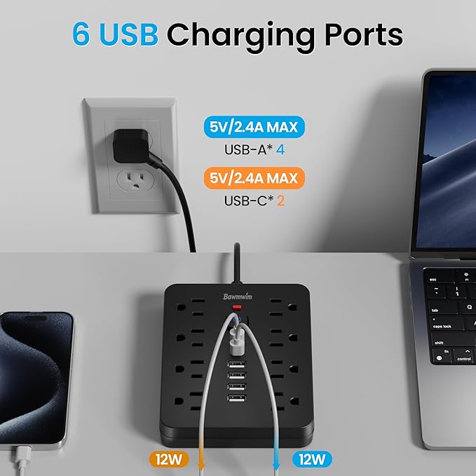 Bawmwim Surge Protector Power Strip, 8 Outlets(1250W/10A), 6 USB Charging Ports(2 USB C), 6FT Flat Plug Extension Cord Outlet Extender with Overload Protection, ETL Certified for Office, Dorm Room