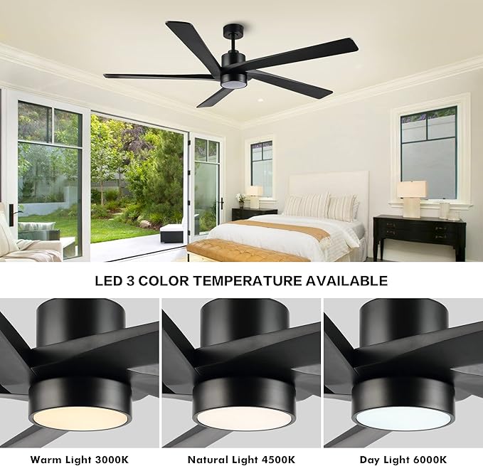 WINGBO 54" DC Ceiling Fan with Lights, 5 Carved Solid Wood Blades, 6-Speed Reversible DC Motor, Matte Black Finish Ceiling Fan with Remote, Black