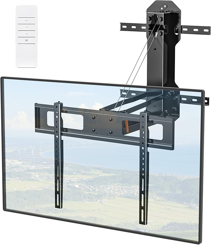 WHYFONE Motorized TV Mount with Remote for 32 to 85 inch Screen up to 88 lbs, Electric TV Mount Drop Down 17.7” Height-Adjustable on Fireplace, Max VESA 600x400mm, 8-16" Wood Stud/Brick/Concrete Wall