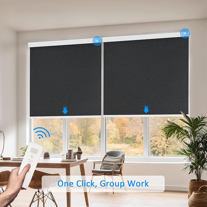 COOLWINDS Motorized Blinds with Remote Cordless Automatic Motorized Shades Custom Blinds for Windows Smart Curtains Compatible with Alexa Google Home(Blackout Jacquard Black,W38 x H72in)