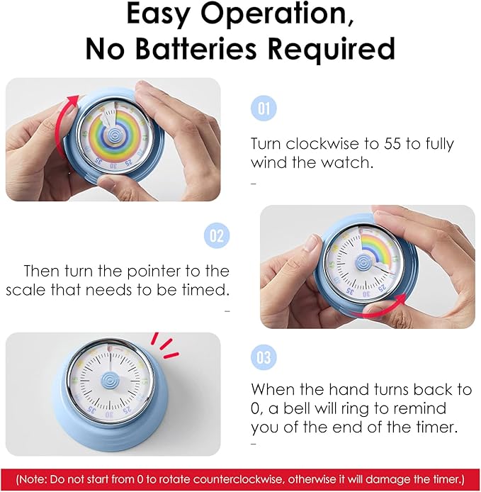 Teeloray Visual Timer for Kids Rainbow Kitchen Timer with Magnetic Base 60-Minute Countdown Mechanical Ringer Alert Cute Time Management Tool for Children and Adults Study Work Cooking, Blue