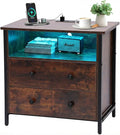 Tykacna 27 Inch Wide Night Stand, Large Wood Night Stand with 2 Drawers, LED Nightstand with Charging Station and Adjustable Drawer, Bedside Table for Living Room/Bedroom/Study/Office, Retro.
