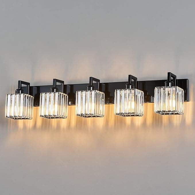 FDPBY Modern Bathroom Vanity Light 5-Lights Plating Black Vanity Light Crystal Wall Light Bathroom Light Fixtures
