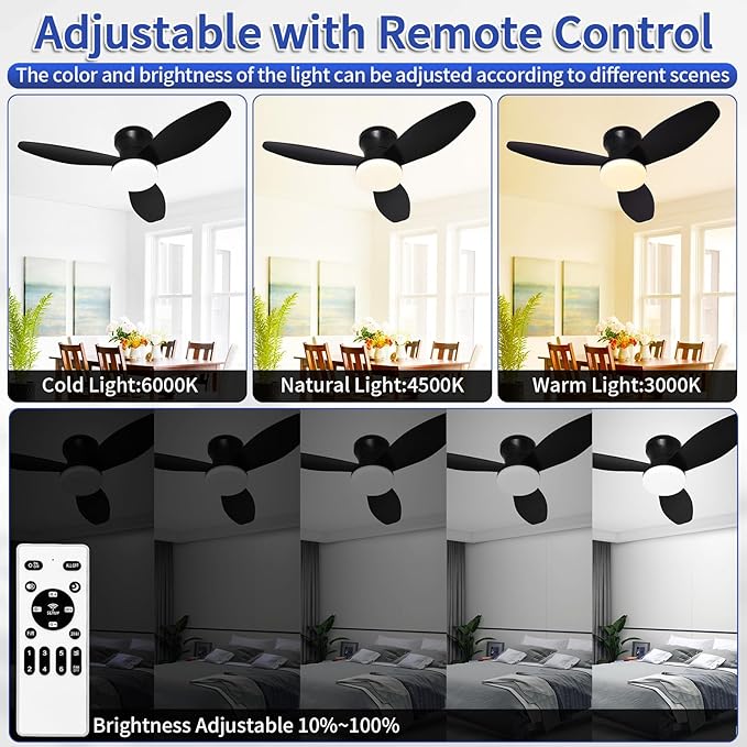 Glowall Small Ceiling Fan with Lights and Remote, 32 Inch Flush Mount, Small Quiet, DC Motor, Reversible Blades, 6 Wind Speeds, Dimmable LED, Adjustable Color Temperature, Timer
