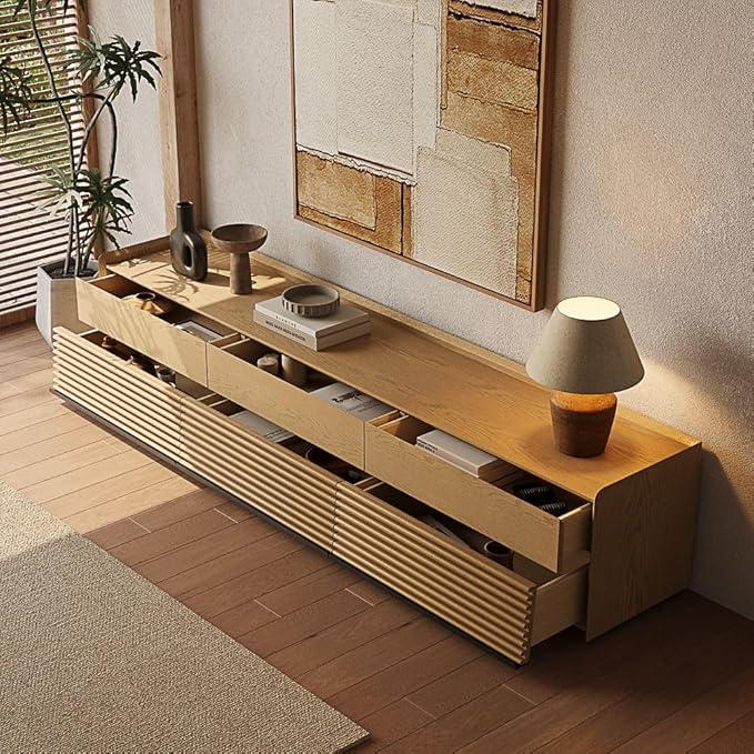 POVISON 95" Fully Assembled Mid Century Modern TV Stand with LED Lights, Extra Long Media Console with 6 Drawers, Luxury Wood Slatted Entertainment Center for 85 90 100 Inch TV