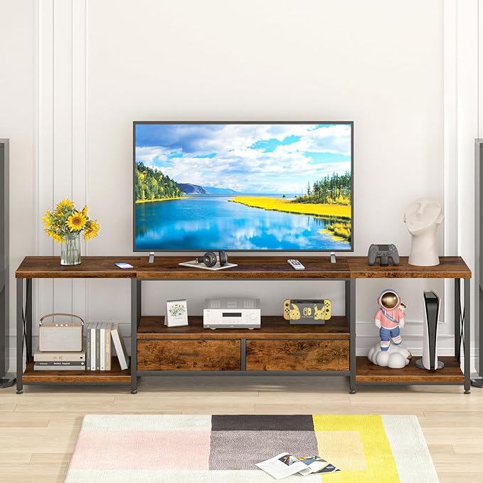 GYIIYUO TV Stand with Fabric Drawer - Entertainment Center and Industrial TV Console Table with Open Storage Shelves for Living Room, Bedroom - 55.1" Rustic Brown