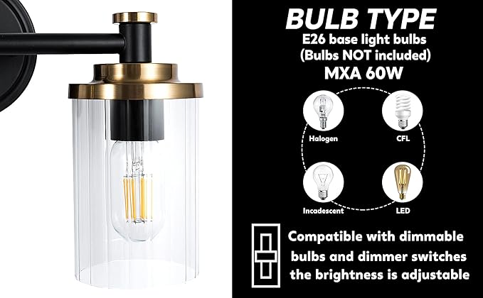 PHIXART Bathroom Lighting Fixtures Black and Gold Bathroom Vanity Light with Cylindrical Clear Stripes Glass Lampshade E26 Socket Base Bathroom Lighting Fixtures Over Mirror (4 Lights)