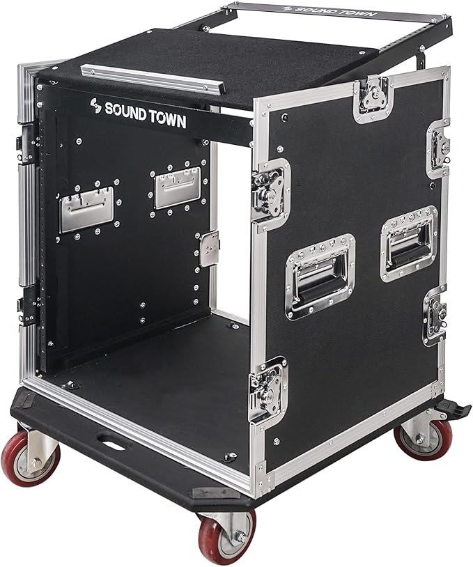 Sound Town Enhanced 1/2" (12mm) Plywood 12U PA DJ Rack/Road ATA Case with 11U Slant Mixer Top, 20’’ Rackable Depth and Casters, 12 Space Size, Pro Tour Grade (STMR-S12UW)
