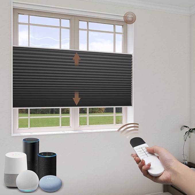 LEXEN Smart Top Down Bottom Up Honeycomb Shades WiFi Enabled Motorized Cellular Blinds Compatible with Alexa/Google Home Double Cellular Fabric Blackout Insulated Custom Sizes-Black
