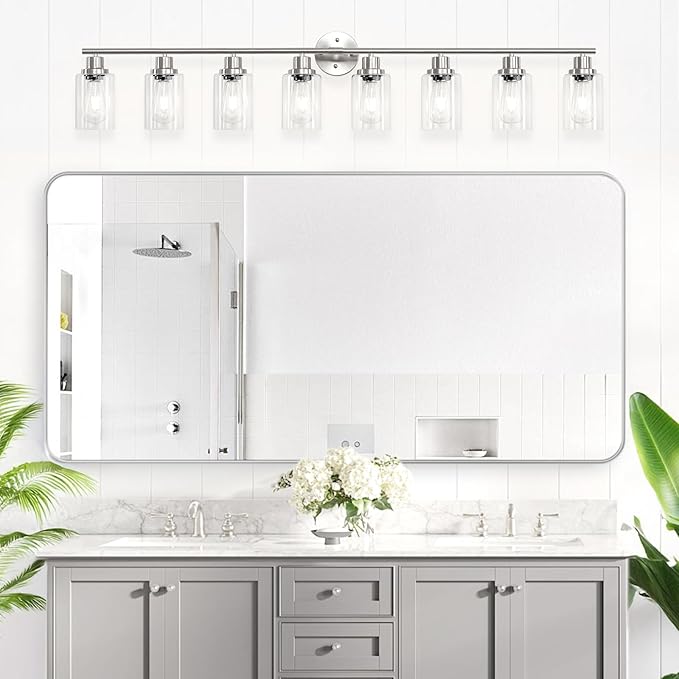 Guliaofo 8-Light Brushed Nickel Vanity Lights, Modern Bathroom Light Fixtures with Clear Glass Shade, Wall Lamps for Mirror Kitchen Hallway Cabinet Living Room Sconces Lights - E26
