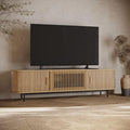 POVISON Fully-Assembled Mid Century Modern TV Stand for 75 inch TV, Sliding Door Entertainment Center with Storage, Wood TV Console, Media Console for Living Room Bedroom(Oak, 78.74")