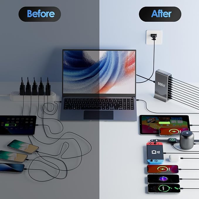800W USB C Charger Block, 10 Port Charging Station, GaN Ⅲ Charging Station for Multiple Devices, Travel Charger for Multiple Devices, USB C Charging Hub Compatible with MacBook iPhone Galaxy Hp Dell