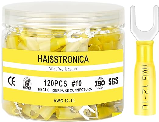 haisstronica 330PCS Heat Shrink Fork Spade Connectors #10 Waterproof Marine Grade Fork Terminal Connectors U-Type Blue Red Yellow 22-10 Gauge