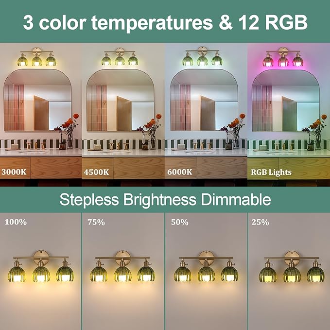 Shenmoyl Battery Operated Bathroom Light Fixtures, 3-Light Brass Vanity Wall Light with 5000mAh Rechargeable Bulb Over Mirror with Green Tulip Glass Shade for Bedroom Living Room