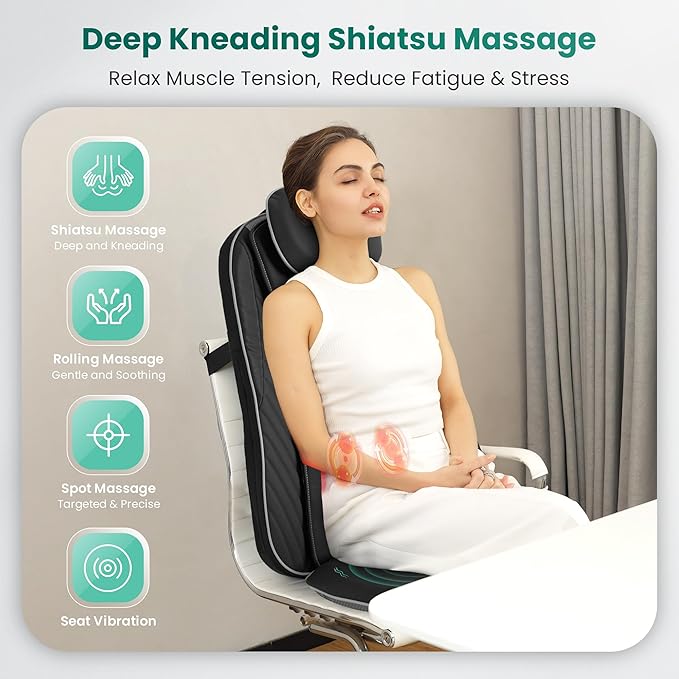 Snailax Christmas Gifts for Dad,Mom Shiatsu Back Massager with Heat & Vibration, 3D Kneading Massage Chair Pad for Pain Relief Deep Tissue, Chair Massager for Office Home Chair Use