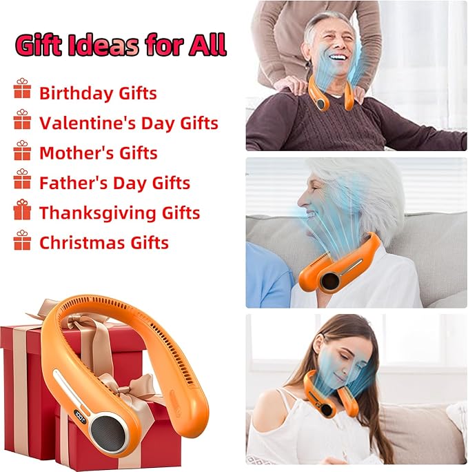 Portable Neck Fan,Hands Free Personal Wearable Bladeless Fan,6000mAh USB Rechargeable,360° Cooling,LED Display,4-Speeds,Birthday Gifts for Men Women Dad Mom,Valentines Day Gifts for Her Him (Orange)