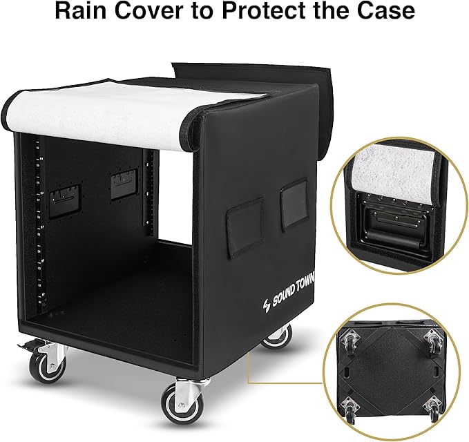 Sound Town 12U PA/DJ Rack/Road Case with 12-Space, Industry-Grade 0.7" (18mm) Plywood with Polyurea Coating, Rain Cover, Casters, 21.7" Rackable Depth - Pro Tour Grade (STRCP-12UW)