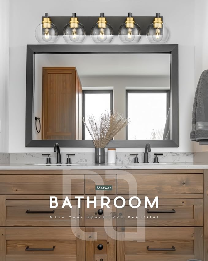 METWET Bathroom Light Fixtures, 5-Light Black and Gold Bathroom Vanity Light, 32 Inch Modern Wall Sconces with Globe Clear Glass Shade, Vanity Lighting Fixtures Over Mirror, VL195-KG-5