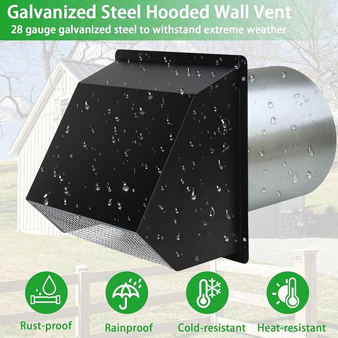 6 Inch Wall Vent Exhaust Vent Dryer Vent Cover Outside, 6" Hooded Wall Vent with Screen and Damper for Kitchen Range Hood Exterior Wall Vent Cover Cap Hood Vent Dryer Air Vent,Galvanized Steel,Black