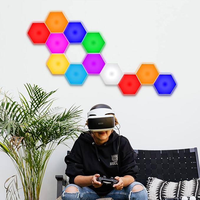 Vcwtty Hexagon Lights, Smart LED Wall Lights with Remote, 13 Colors Touch-Sensitive DIY Modular Assembled RGB Wall Panels, Hex Light with USB-Power for Autism, Game Room Decor, Party (6-Pack)