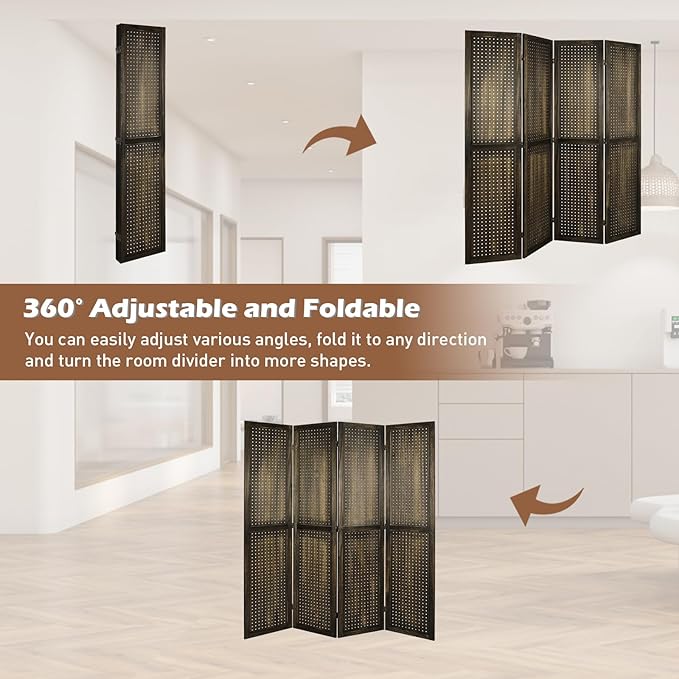 ECOMEX 4 Panel Room Divider, 5.6Ft Pegboard Display Wooden Room Divider Folding Privacy Screen Room Divider Freestanding Peg Board Display for Trade Show Craft Show Home Wall Organizer, Retro Brown