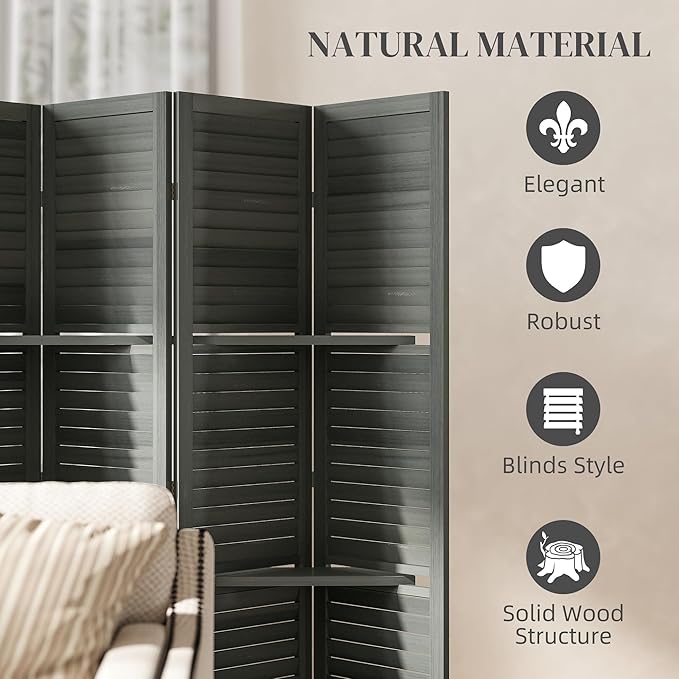 HOMCOM Room Divider, 6 Panel 67" Tall Wood Privacy Screen with 3 Display Shelves, and Folding Storage for Bedroom or Home Office, Gray