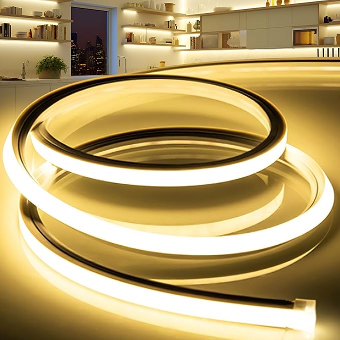 VOEWT LED Strip Lights Yellow,9.8ft 110-120V Neon Rope Lights,Flexible Silicone Outdoor Waterproof Neon Strip Lights for Bedroom,Mirror,Kitchen Cabinet, Living Room,Halloween Decor