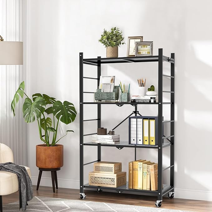 Himix Storage Shelves with 20 Hooks, 4-Tier Foldable Shelves for Storage, Folding Shelf Unit Pantry Shelves with Wheels, Metal Shelving Storage Rack Shelf for Kitchen Garage Home, Black - No Assembly