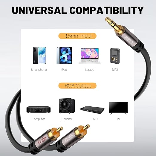 Kxable 3.5mm to RCA Cable 75FT, 2 Male RCA to Aux Stereo Audio Adapter, Hi-Fi Sound Auxiliary RCA Y Splitter Cord, Shielded 1/8 to 2RCA Cable for Headphone, MP3, Tablet, Speaker, HDTV, Phone and More