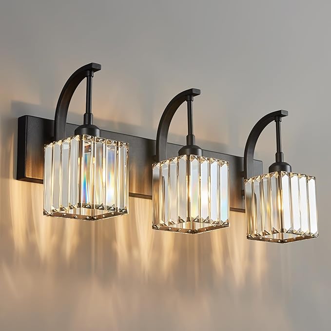FDPBY Crystal Vanity Lights 3-Light Black Bathroom Vanity Lights Modern Crystal Bathroom Light Fixtures Over Mirror 23.62" Long Vanity Light for Bathroom