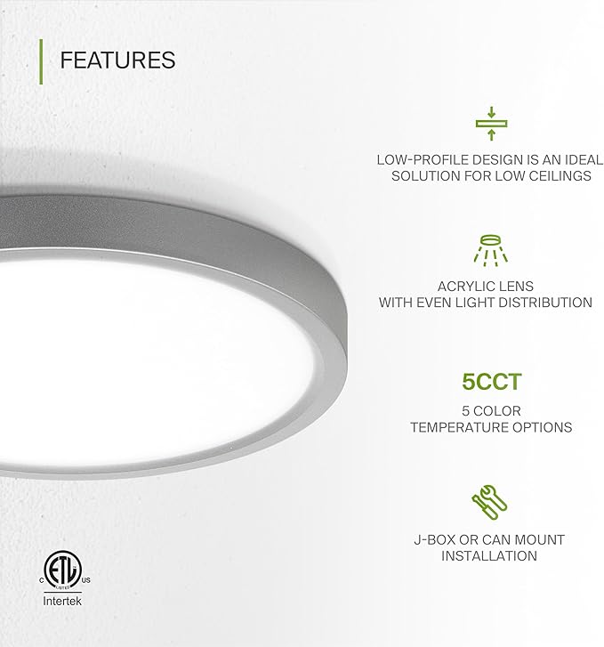 ASD LED 7" Round Flush Mount Ceiling Light Fixture, Low Profile Surface Lighting | 5CCT, Dimmable, Ultra-Thin, ETL Listed | 15W 1260LM 2700-6000K 120V | Kitchen, Bedroom, Hallway Lamp | Nickel, 6 Pack
