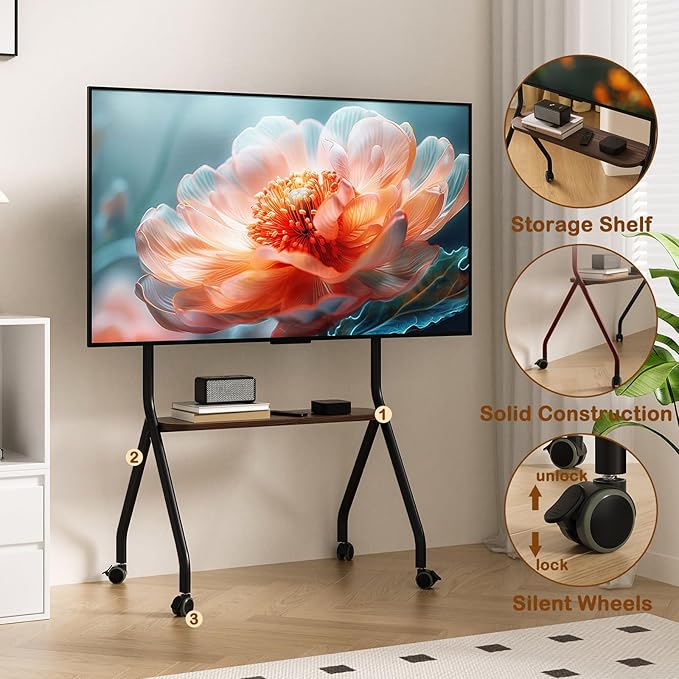 CVDF Rolling TV Stand for 49-75 Inch LCD LED OLED Flat/Curved Panel Screen TVs, Mobile TV Stand with Wheels, Height Adjustable TV Floor Stand, Holds up to 110 Lbs, Max VESA 600 x 600 mm, Black
