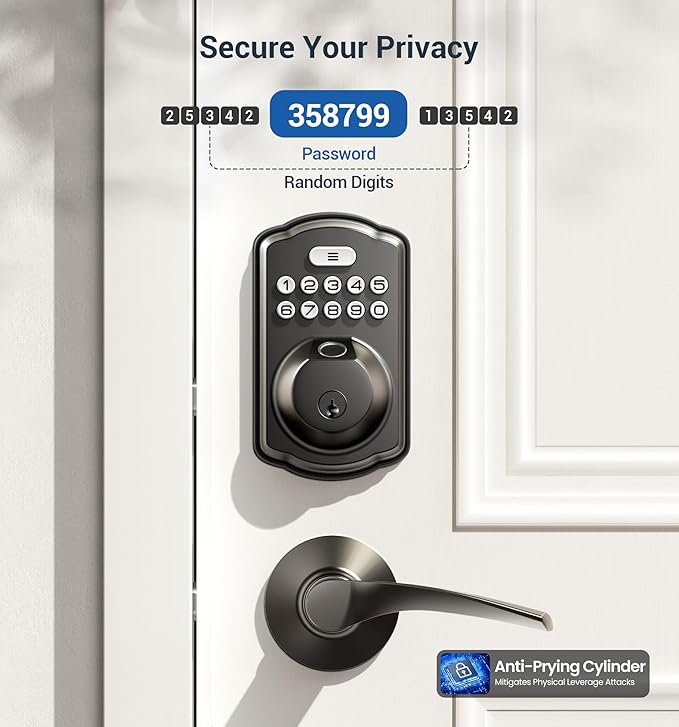 Veise Fingerprint Door Lock with 2 Lever Handles - Keyless Entry Door Lock, Electronic Keypad Deadbolt, Digital Smart Code & Front Handle Sets, Auto-Locking, Easy Installation, Matte Black
