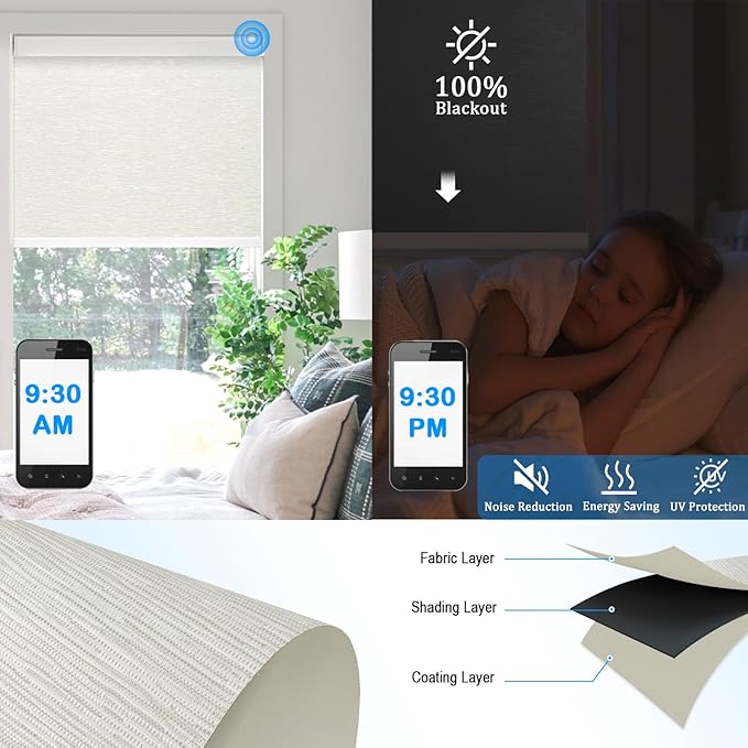 COOLWINDS Motorized Blinds with Remote Cordless Automatic Motorized Shades Custom Blinds for Windows Smart Curtains Compatible with Alexa Google Home(Blackout Jacquard Beige,W65 x H72in)