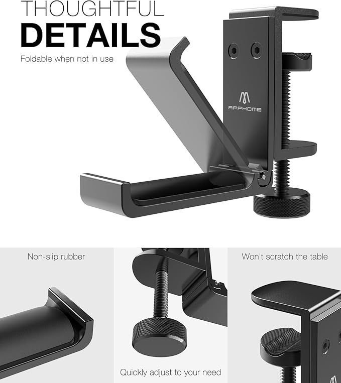 APPHOME New Foldable Headphone Stand Hanger Holder Aluminum Headset Soundbar Stand Clamp Hook Under Desk Space Save Mount, Universal Fit Gaming Headphones, Black