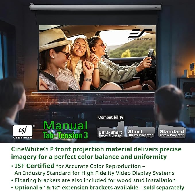 Elite Screens Manual Tab-Tension 3, 110-INCH with Extra 12" Drop, Pull Down Projector Screen Home Movie Gaming Presentations ISF Certified Premium CineWhite® P Material, MT110XWH3-E12