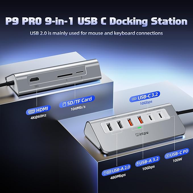 intpw P9 PRO USB C Hub 10Gbps, 9-in-1 USB C Docking Station with 4K@60Hz HDMI, Type-C & 2 Type-A 3.2, 2 USB-A 2.0, PD 100W, SD/TF Port,Aluminum USB Hub for Laptop, iPhone 17 Series, MacBook Air/Pro
