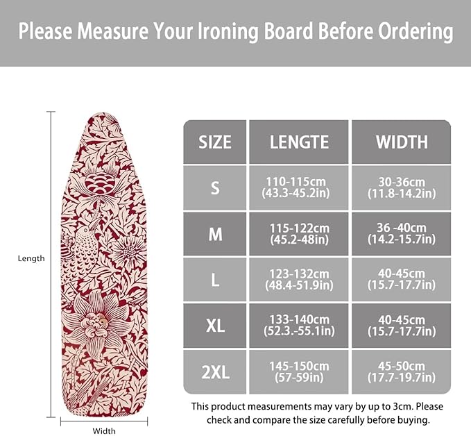 ZCFYGDX Vintage Red Floral Print Ironing Board Cover with Elastic Edge 3 Bottom Nylon Buckle Straps Breathable Resist Scorch Staining Suitable for Size-M Iron Board House William Morris Decor