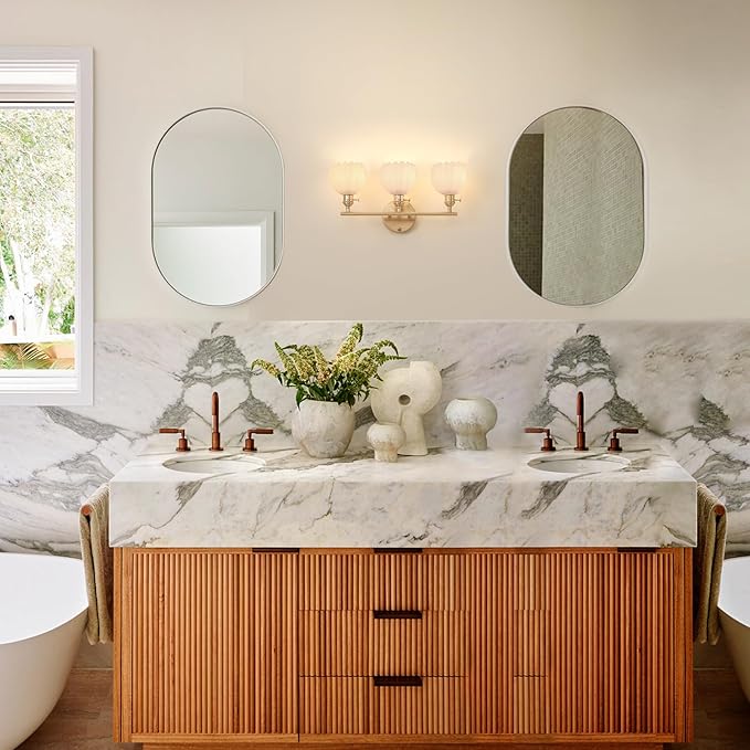 Shenmoyl Bathroom Light Fixtures, 3-Light Brass Vanity Wall Light Over Mirror with White Tulip Glass Shade for Bedroom Living Room (Bulb Not Included)