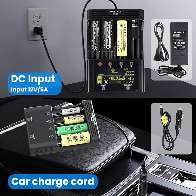 18650 Battery Charger, MIEKLALE 4-Bay 3A Fast Rechargeable Battery Charger with Smart LCD Display,Discharge & Testing Functions for Rechargeable Batteries Li-ion 16340 18650 26650 10440 14500