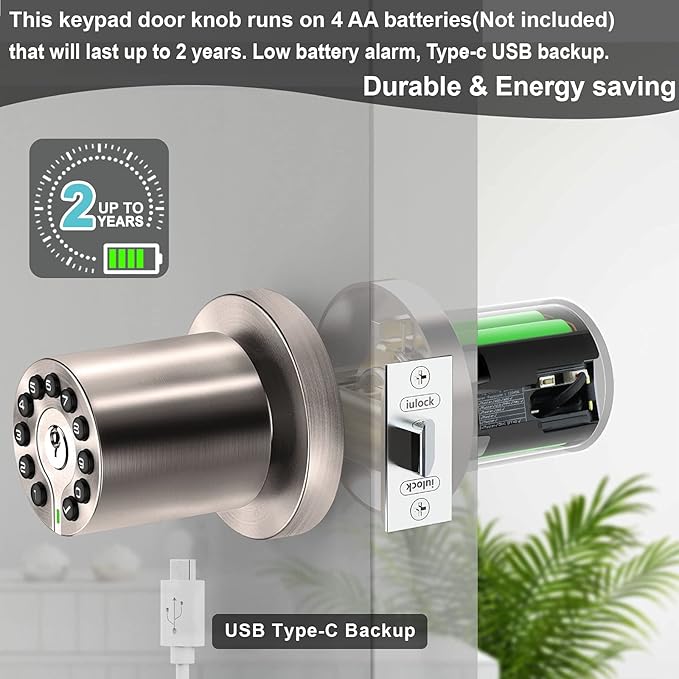 iulock IU-20 Code Door Lock, Electronic Door Knob with Keypad and Key, Auto Lock, Waterproof, Passage Function, Long Battery Life,50 Codes, Easy to use and Install for Office/Warehouse/Bedroom/Garage
