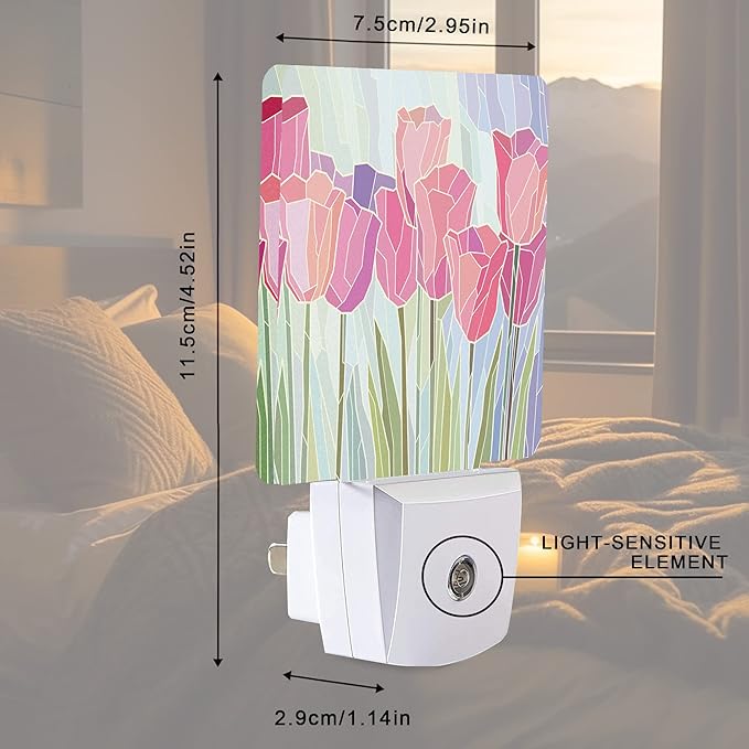 Smoaffly Pink Tulip Flowers Night Light Plug-in LED Nightlights Auto Sensor Night Lamp Dusk-to-Dawn Lamp Home Decor for Nursery Children Girls Boys