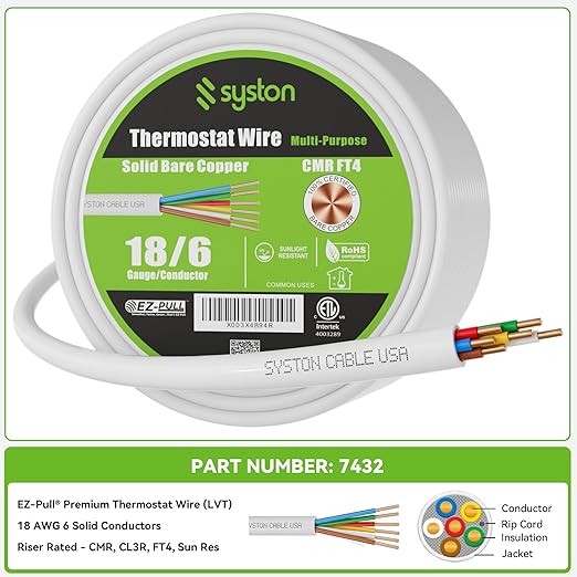 Syston 18/6 Thermostat Doorbell HVAC Heating Control Cable Wire, 100% Solid Copper Conductors CL3R/FT4/CMR Riser-Rated UL/ETL Listed, UV Resistant RoHS for Indoor/Outdoor Low Voltage Applications Use