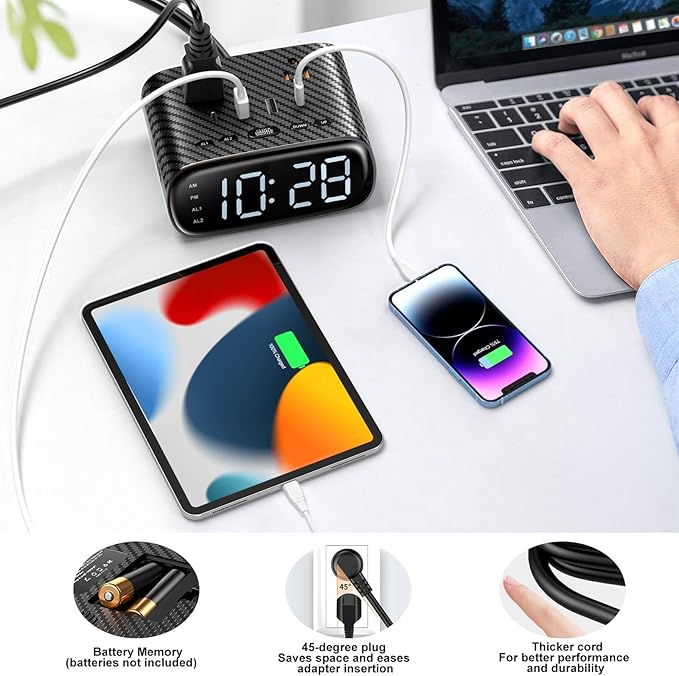 2PCS Alarm Clock with 2 USB-C, 2 USB-A Chargers Power Strip 2 Outlets - Screen LED Dimmable Digital Clock with Snooze Function - Dual Alarm for Bedside Nightstand