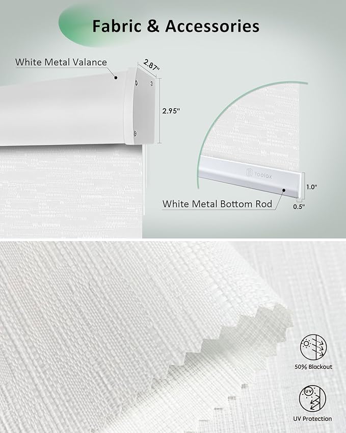 Yoolax Motorized Blinds App Control, Light Filtering Motorized Shades for Windows, Cordless Automatic Roller Shades for Bedroom Living Room Office(Light Filtering Jacquard White, 43" W x 72" H)