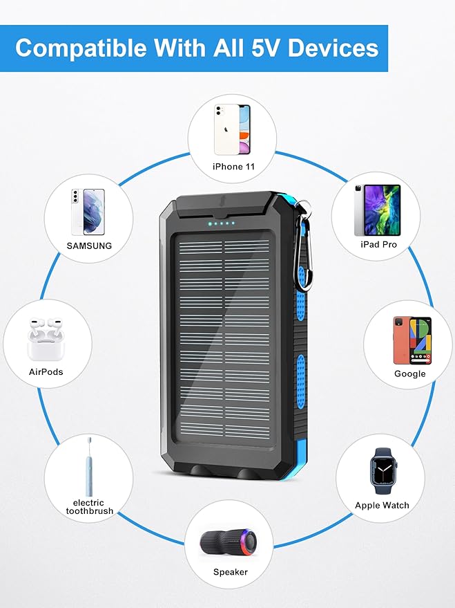 Solar Charger, 38800mAh Solar Power Bank, Waterproof External Backup Battery Power Pack with USB C Input/Output/LED Flashlights Compatible with iPhone, Samsung, iPad, Suitable for Outdoor, Camping